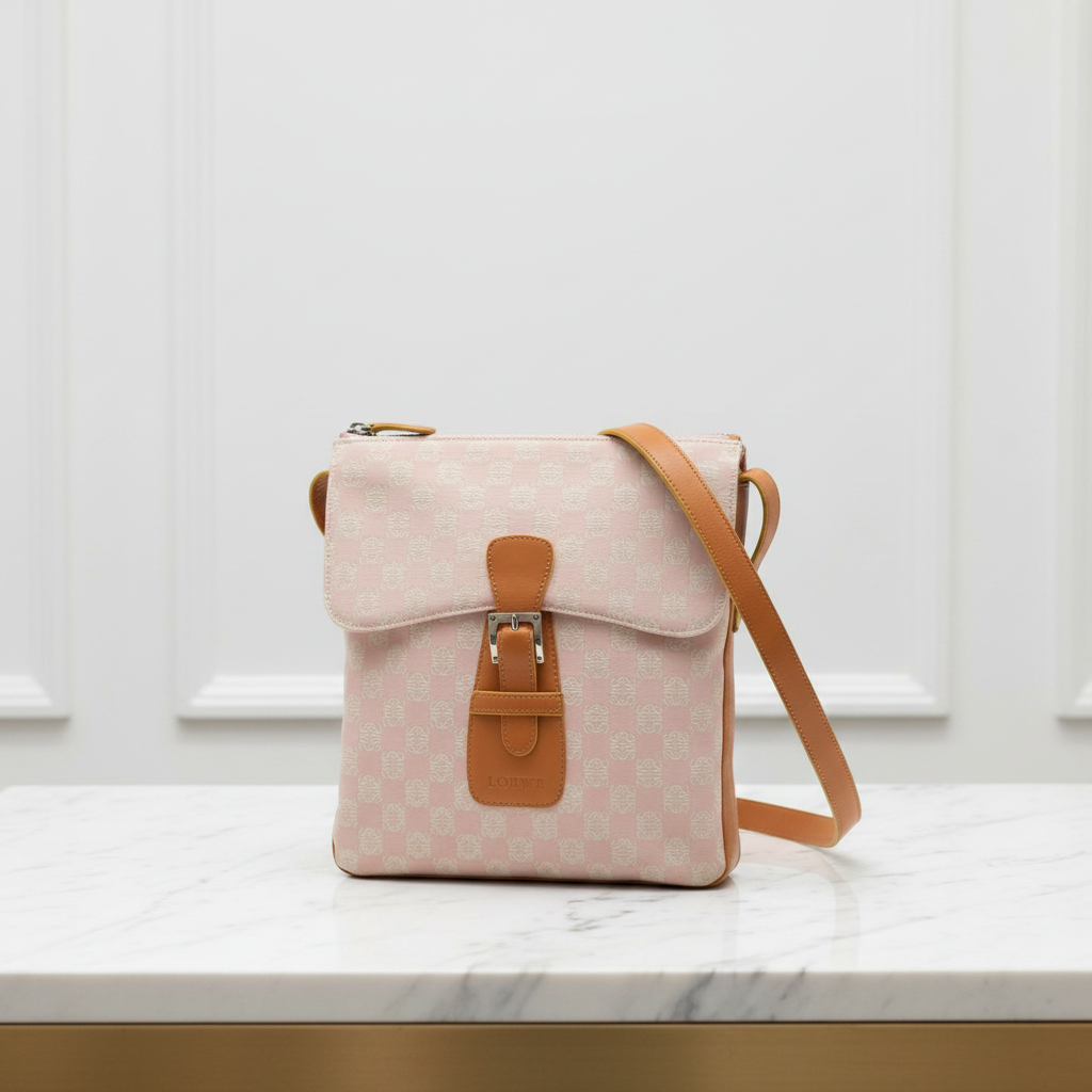 LOEWE Anagram Crossbody Shoulder Bag Pink Brown Leather Canvas Previously Owned Authentic