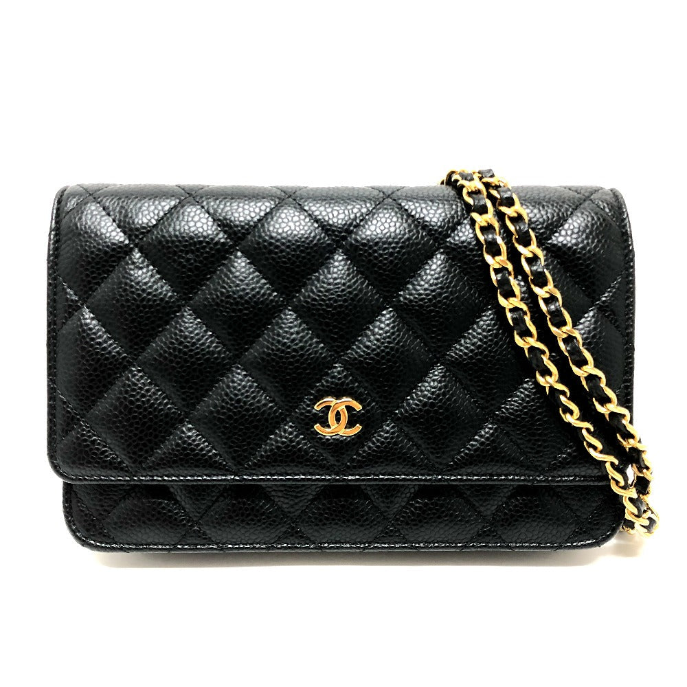 CHANEL — Classic Chain Wallet “MATELASSÉ” Caviar Skin Shoulder Bag / Long Wallet Purse — Black; 100% Authentic, Previously Owned — SA Rank ~60% Off MSRP