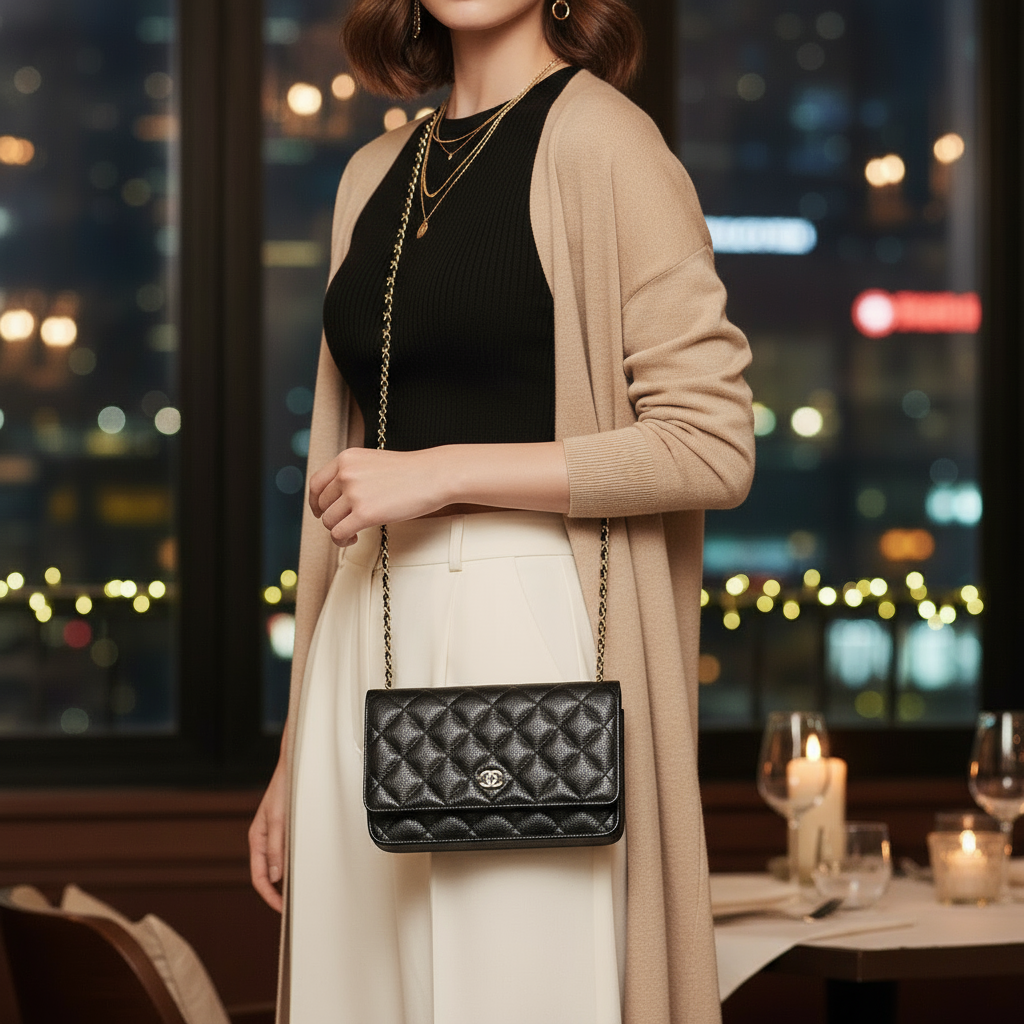 CHANEL — Classic Chain Wallet “MATELASSÉ” Caviar Skin Shoulder Bag / Long Wallet Purse — Black; 100% Authentic, Previously Owned — SA Rank ~60% Off MSRP