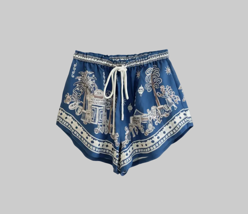 Blue Linen Polo Top & Drawstring Shorts Set