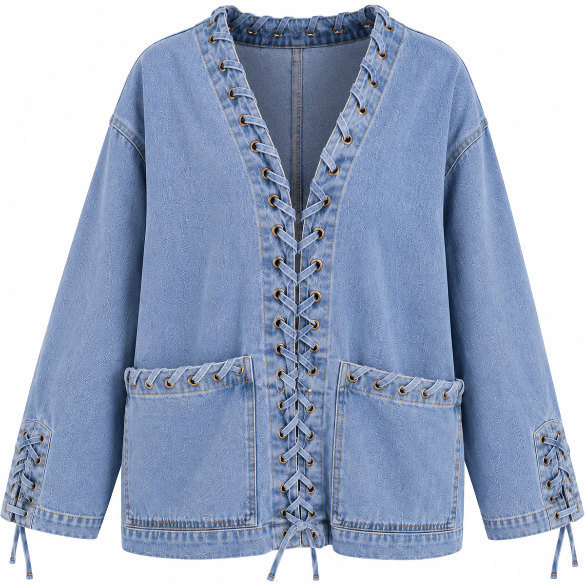L’LUXE Lace-Up Oversized Denim Jacket – Sky Blue