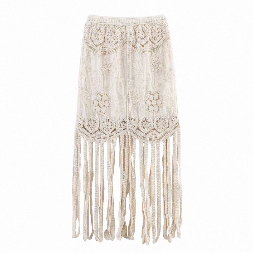 Off-White Embroidered Crochet Fringe Maxi Skirt