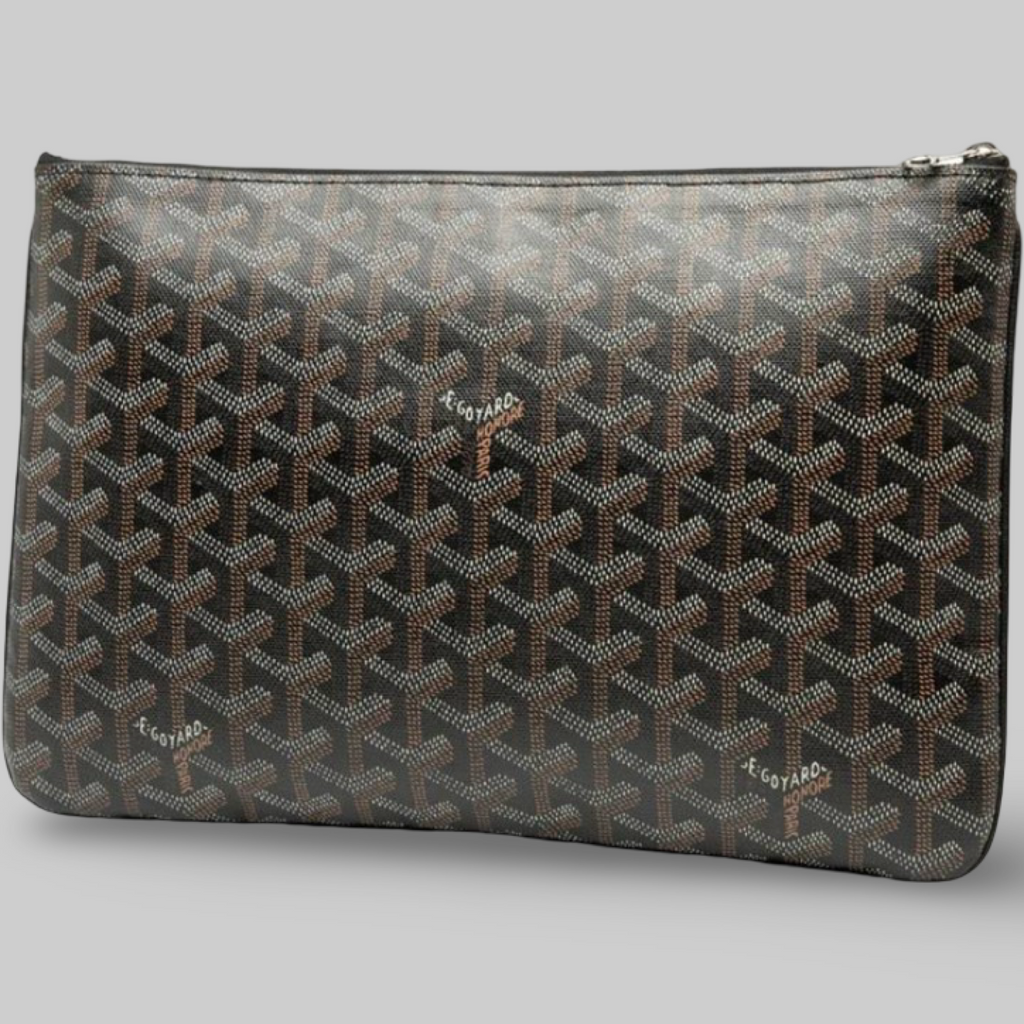 Goyard Sena MM Zip Pouch Brown White PVC Previously Owned Authentic