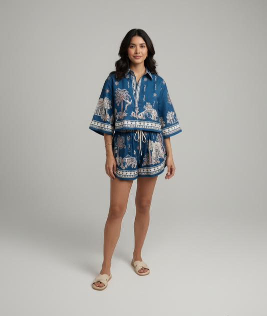 Printed Linen Polo Top & Drawstring Shorts in Blue