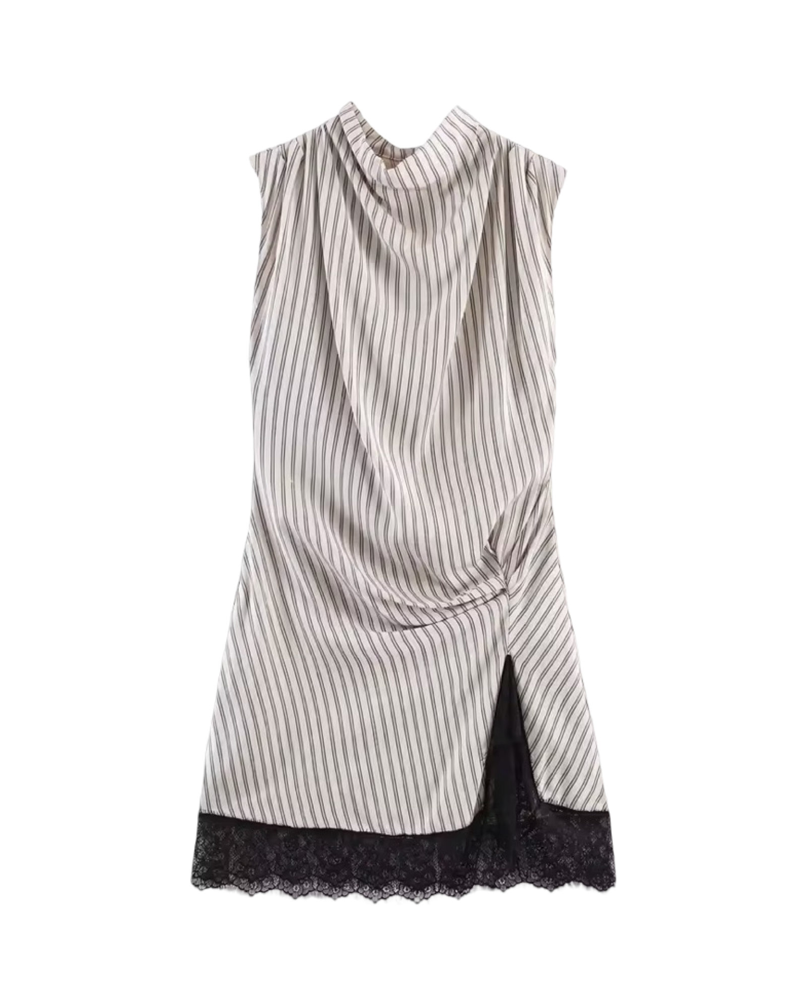 Sleeveless Lace Hem Pleated Mini Dress – Mock Neck Back Zipper Chic Dress