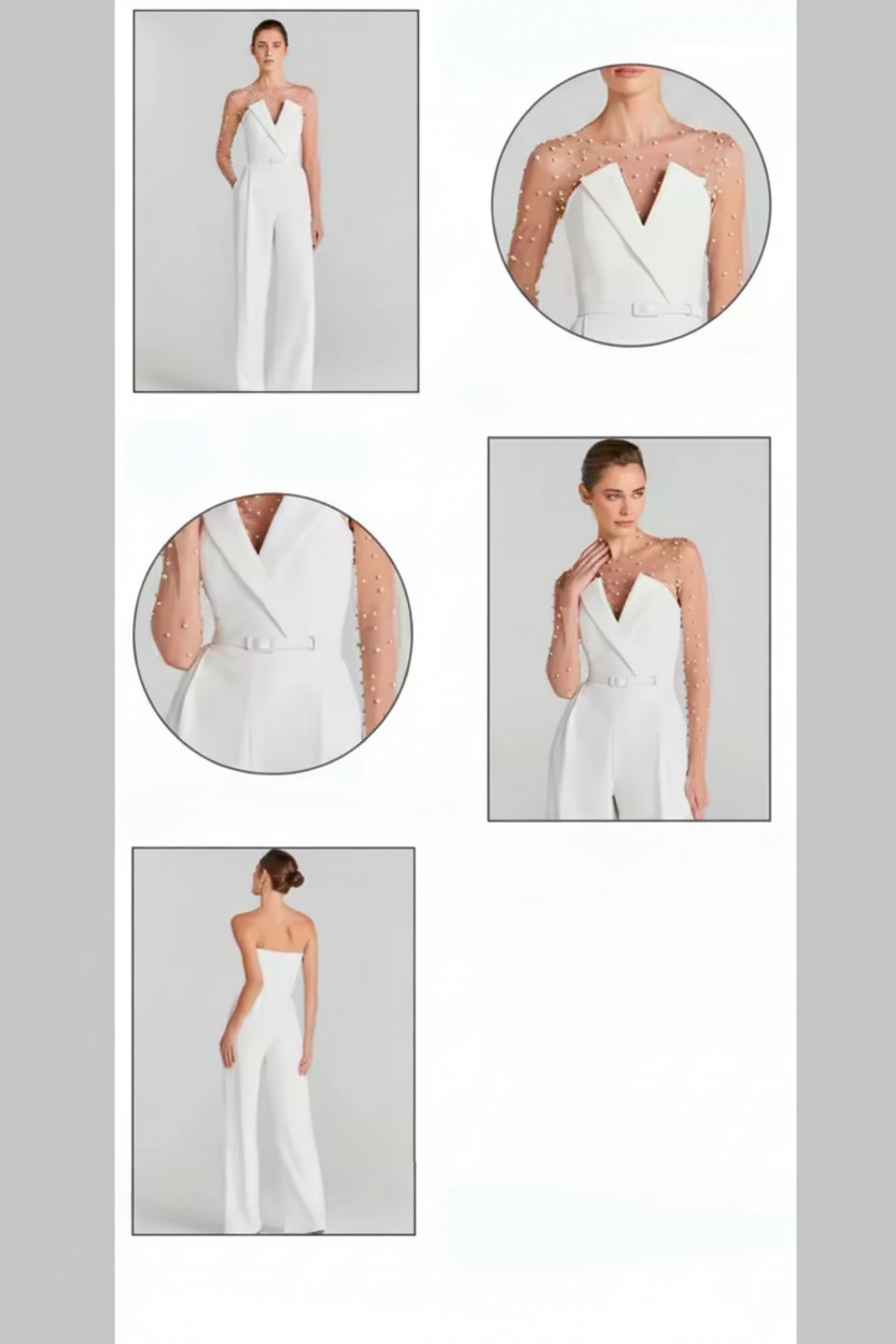 White Embellished Knit Top & Full-Length Pants Elegant Matching Set