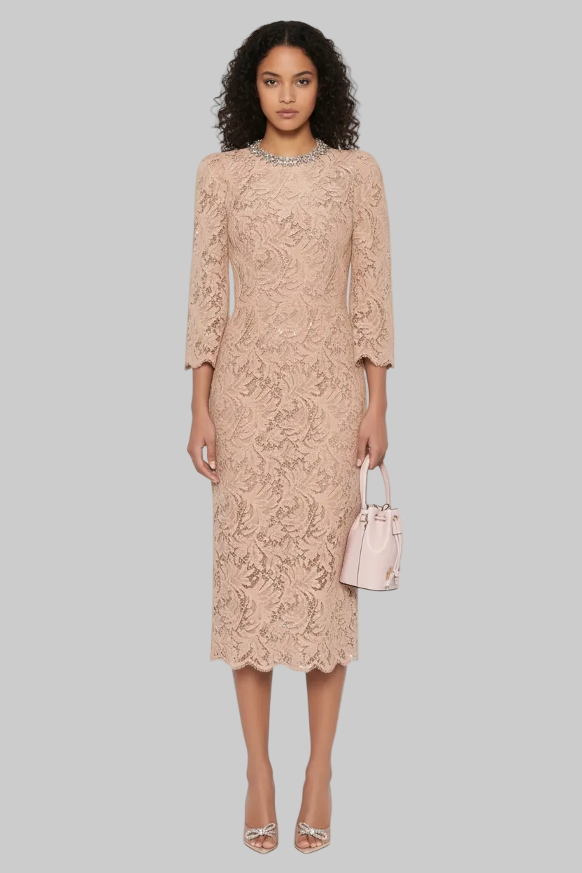 Crystal Embellished Neckline Lace Midi Dress