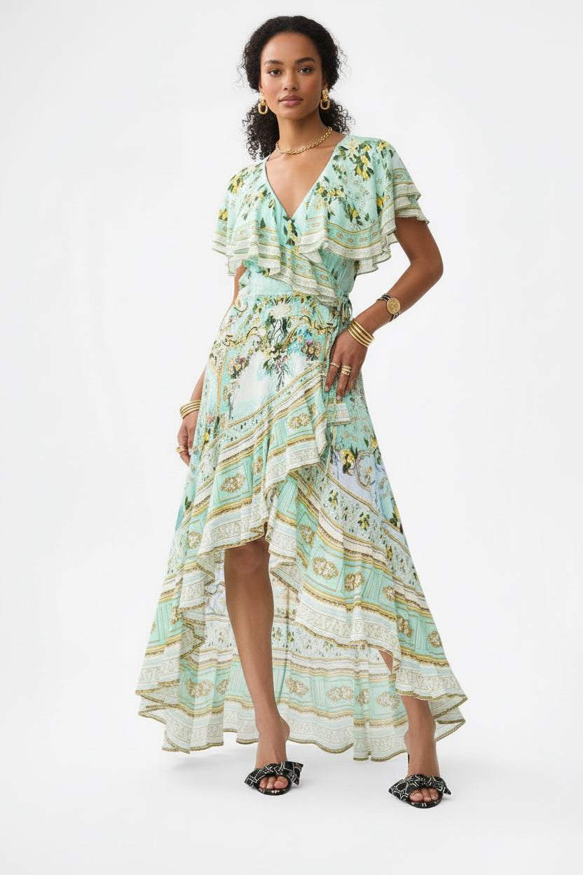 Green Floral 100% Silk Wrap Midi Dress