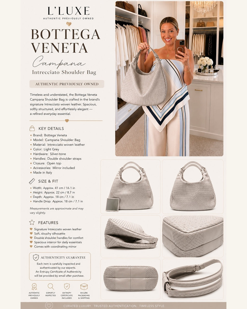 BOTTEGA VENETA Campana Intrecciato Light Grey Leather Shoulder Bag – Authentic Previously Owned