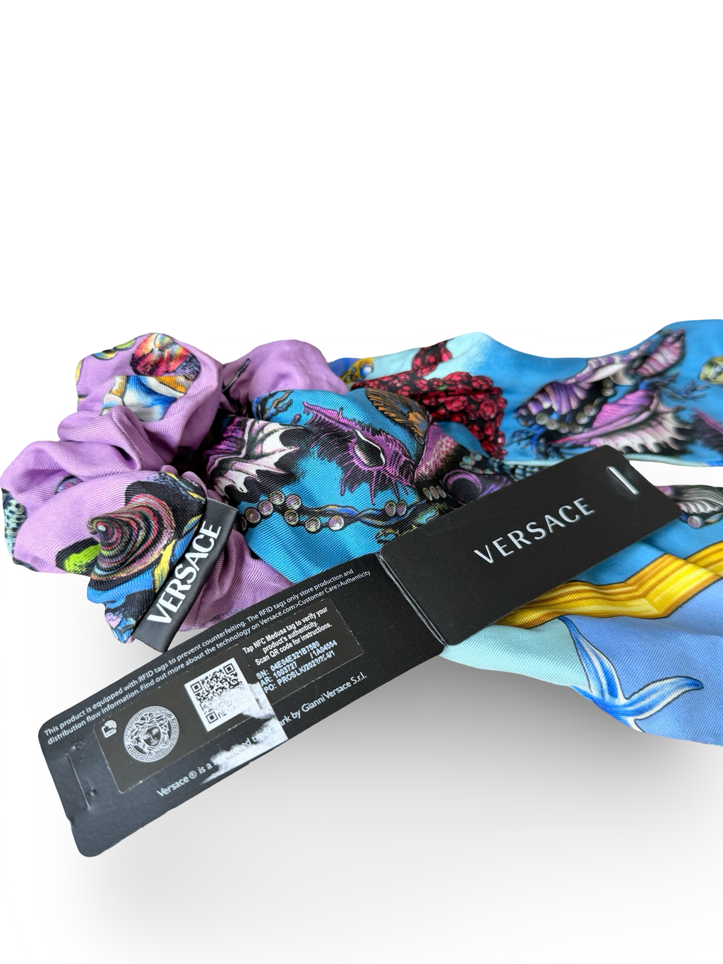 VERSACE – Trésor de la Mer Silk Scrunchie with Long Ribbon – Light Blue, Purple & Multicolor – 100% Silk – Made in Italy – 100% Authentic | Previously Owned