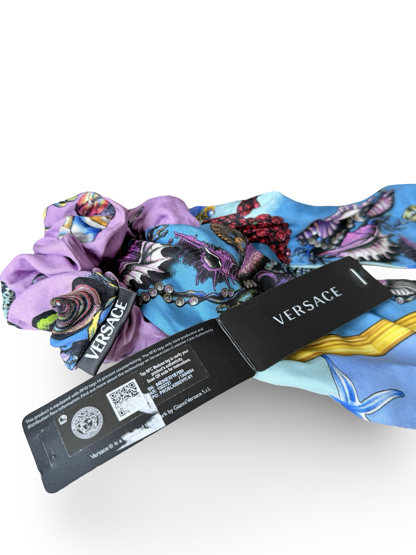 VERSACE – Trésor de la Mer Silk Scrunchie with Long Ribbon – Light Blue, Purple & Multicolor – 100% Silk – Made in Italy – 100% Authentic | Previously Owned