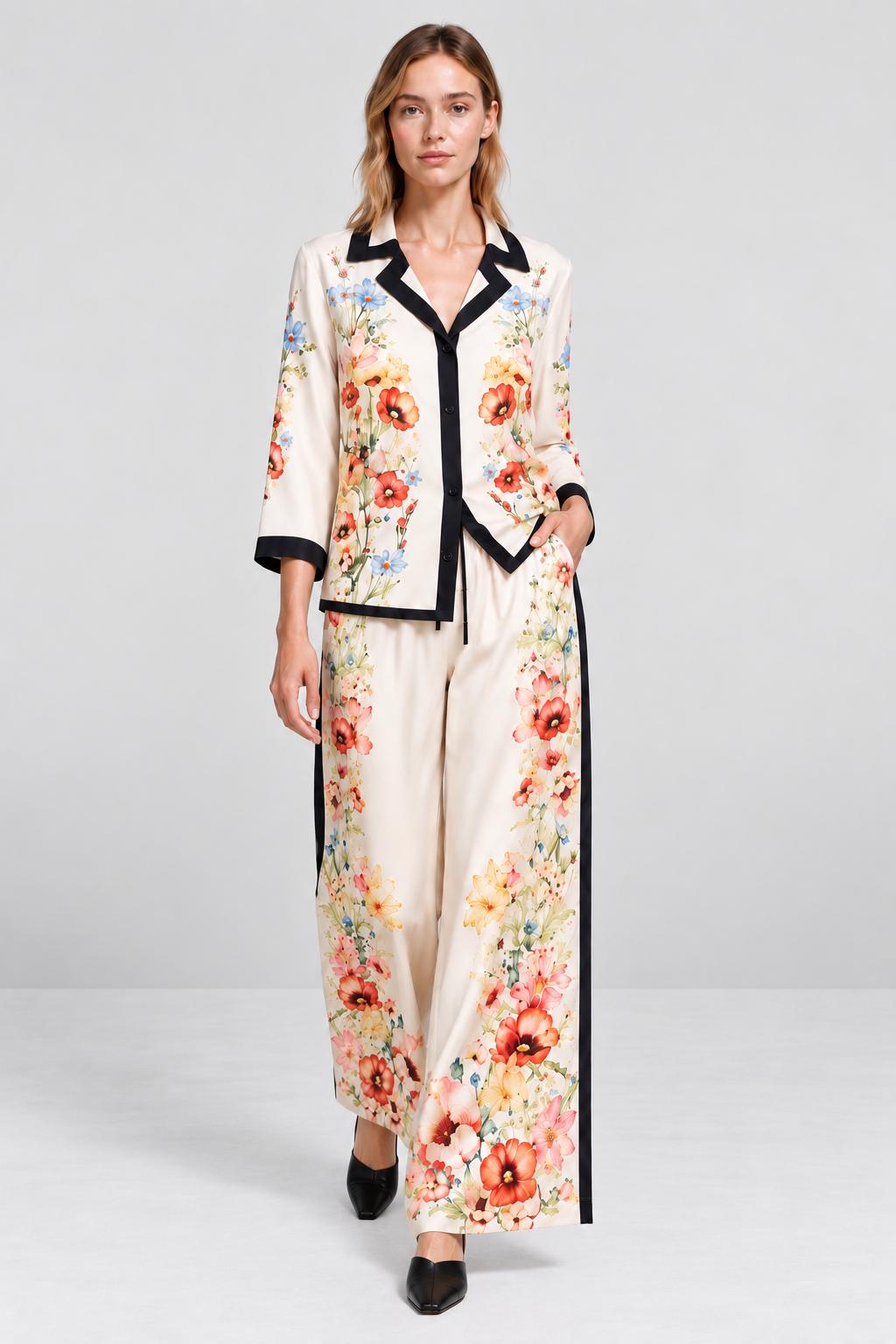Botanical Floral Two-Piece Shirt & Wide-Leg Pant Set