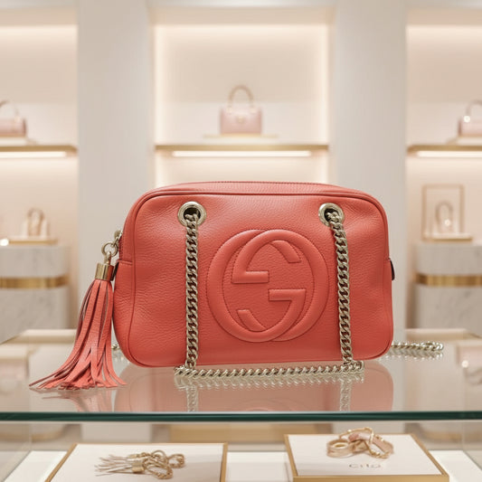 GUCCI SOHO Small Interlocking G Shoulder Bag in Begonia Pink Leather excellent ✨previously owned condition