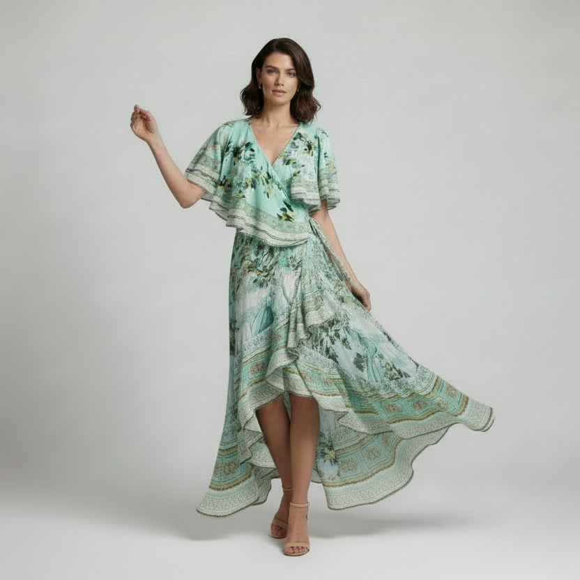 Green Floral 100% Silk Wrap Midi Dress