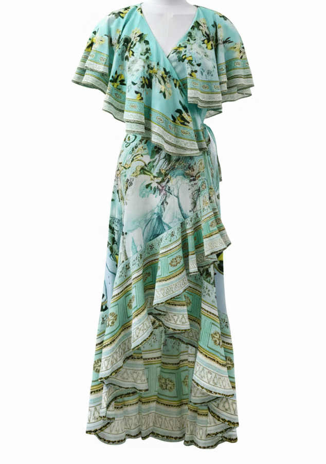 Green Floral 100% Silk Wrap Midi Dress