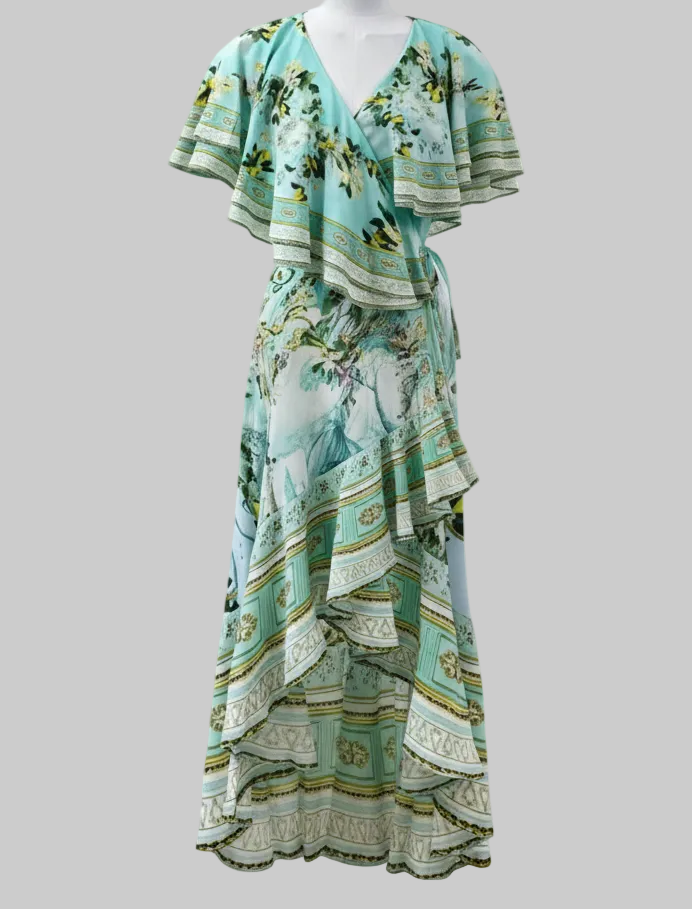 Green Floral 100% Silk Wrap Midi Dress