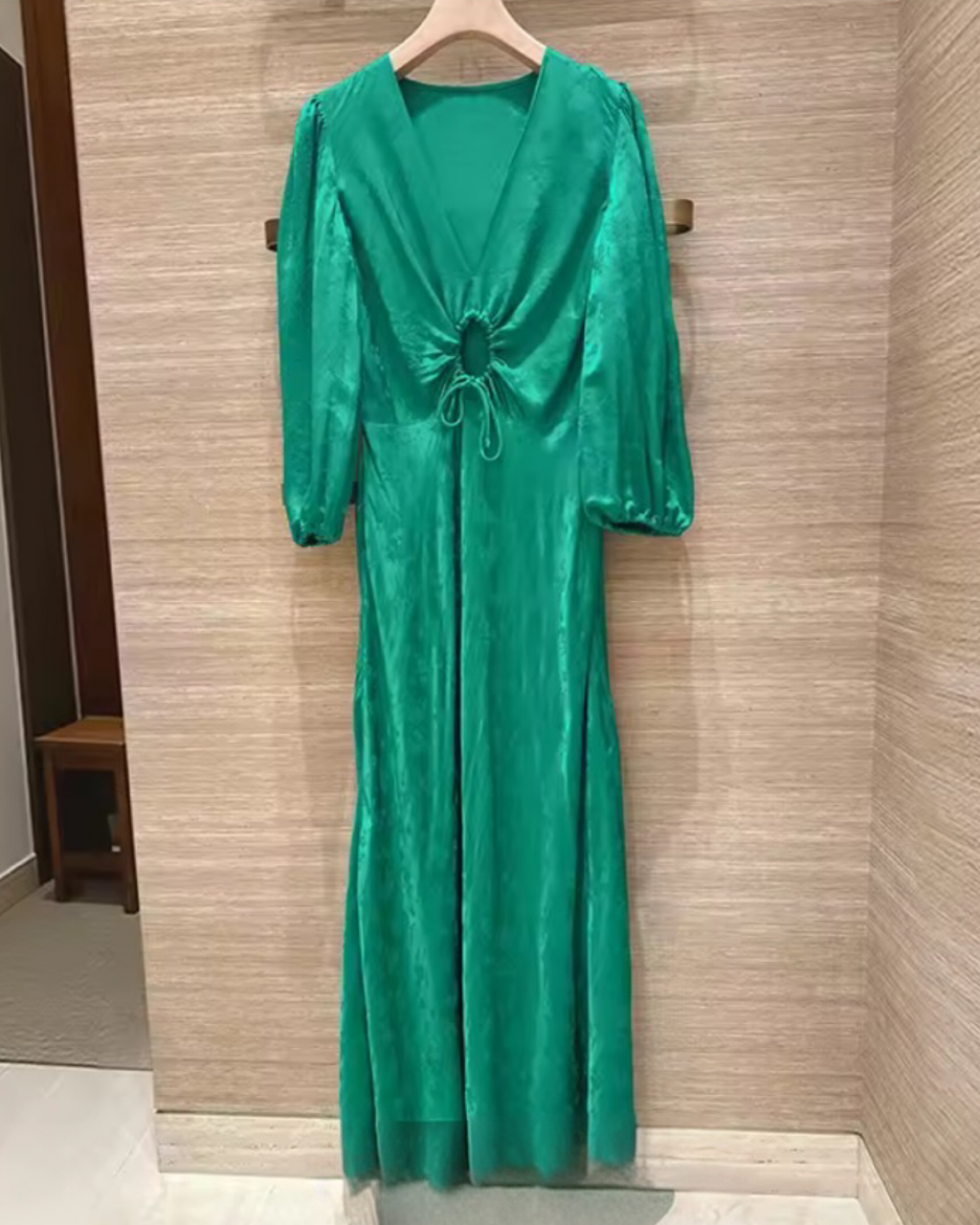 Zimmermann-Inspired Green V-Neck Midi Dress – Vintage Style Three-Quarter Sleeve A-Line Dress