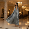 Metallic Silver Halter Maxi Dress – Open Back Pleated Evening Gown