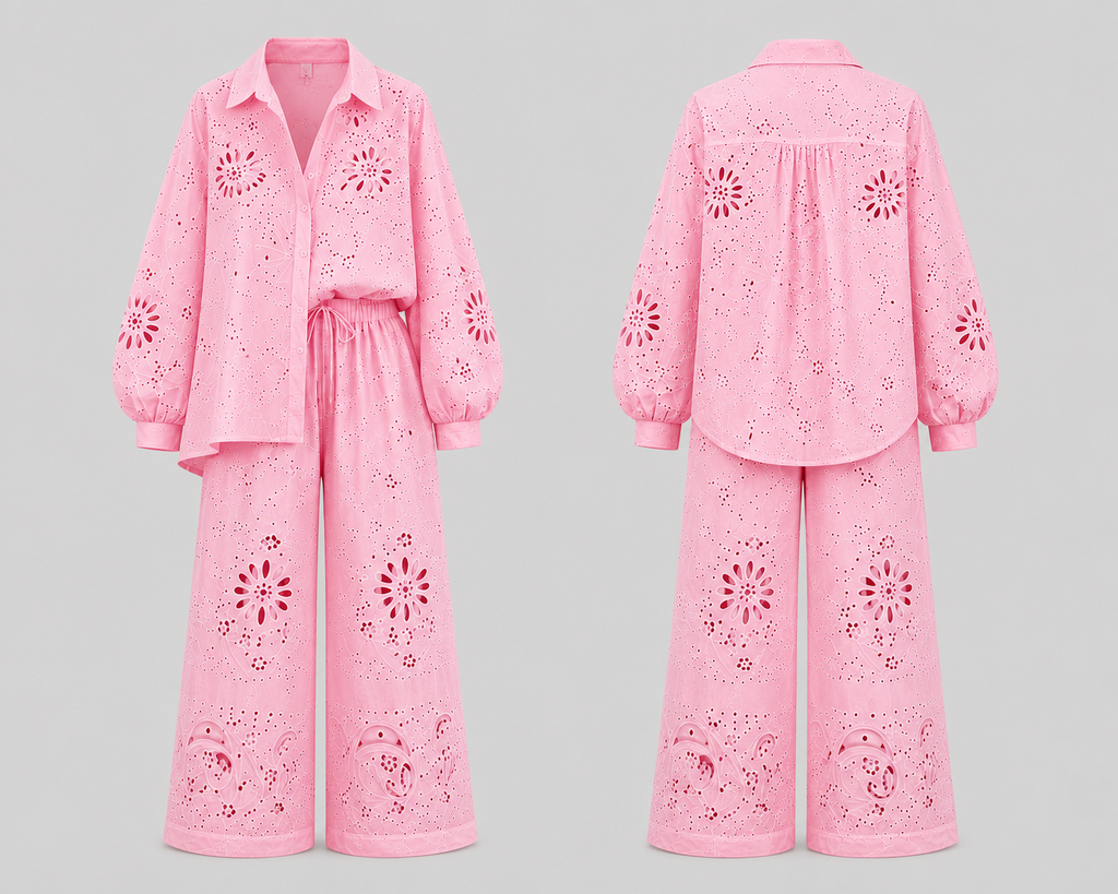 Embroidered Eyelet wide leg & oversized Matching shirt two-piece co-ord Outfit