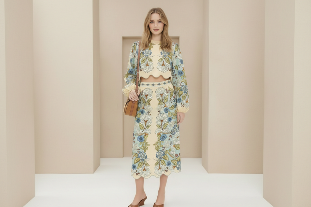Refined Embroidered Floral Top & Skirt Set