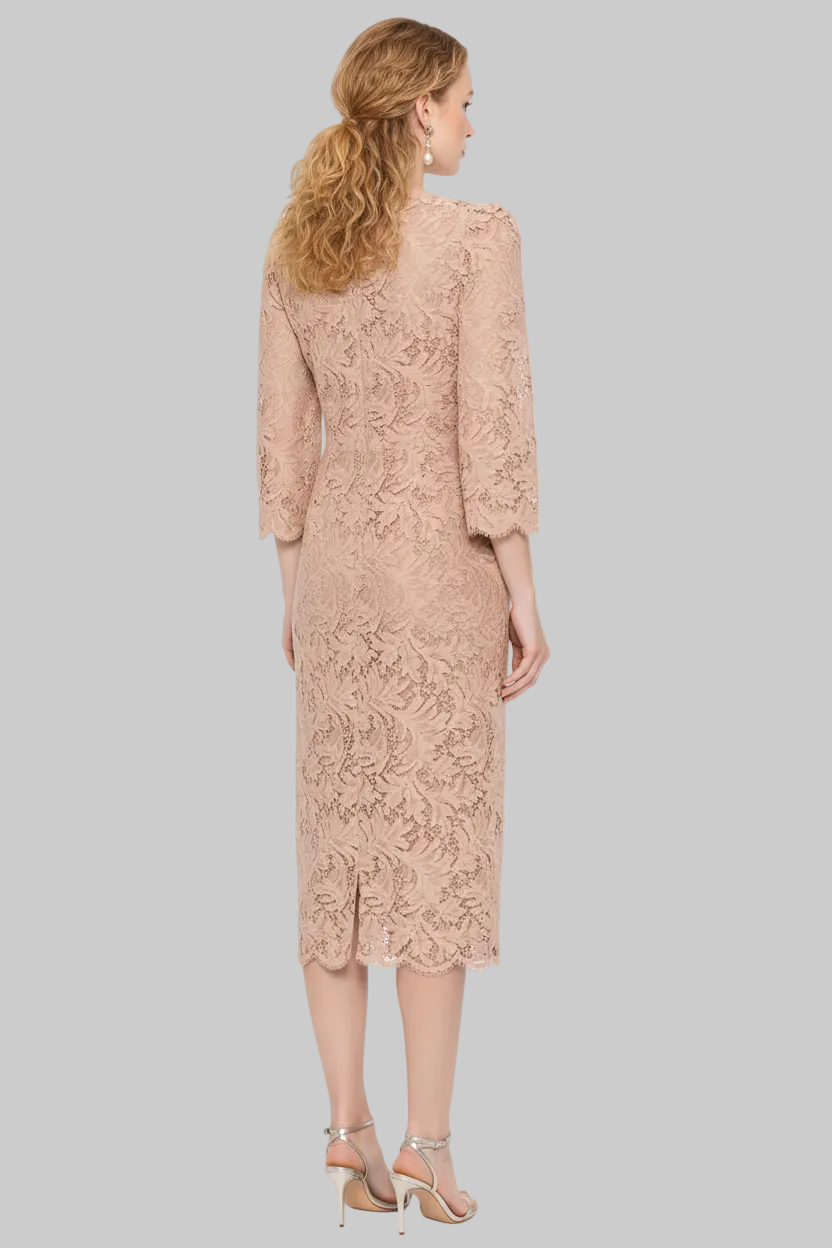 Crystal Embellished Neckline Lace Midi Dress