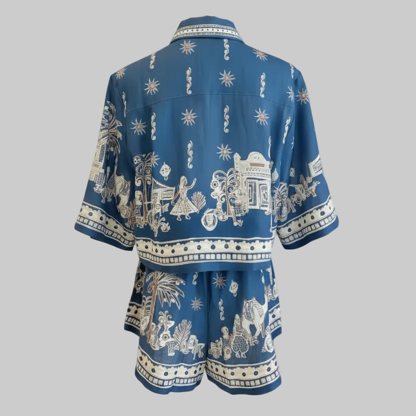 Blue Linen Polo Top & Drawstring Shorts Set