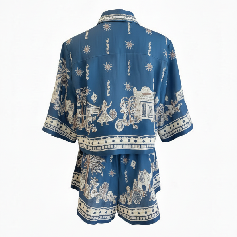 Printed Linen Polo Top & Drawstring Shorts in Blue