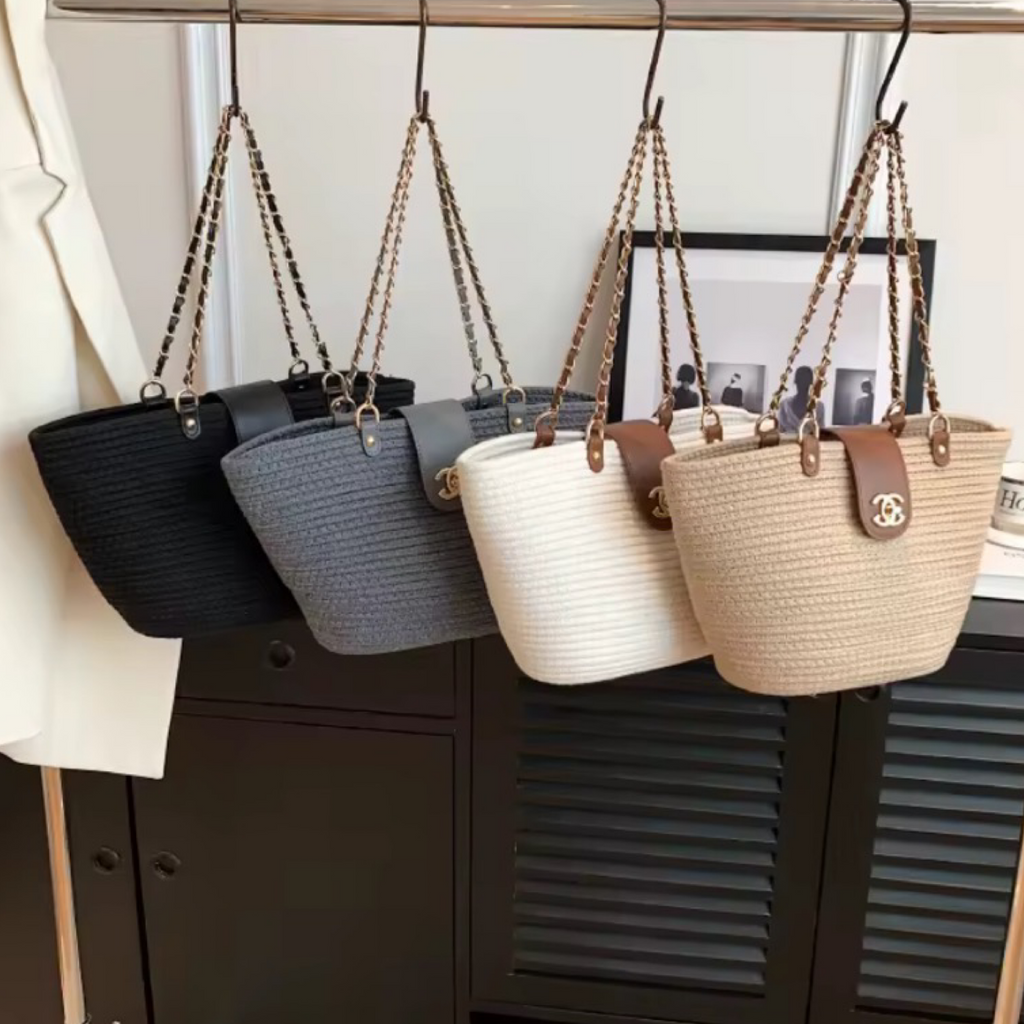 Woven Cotton-Linen Chain Shoulder Tote – Basket Style Large Capacity (Generic)