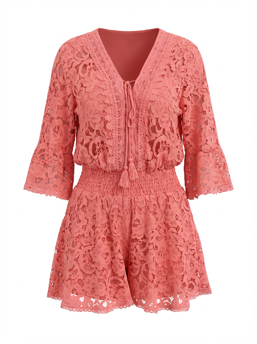 Women’s Lace Two-Piece Set – V-Neck Top & Flowy Shorts, Bell Sleeves, Summer  Outfit