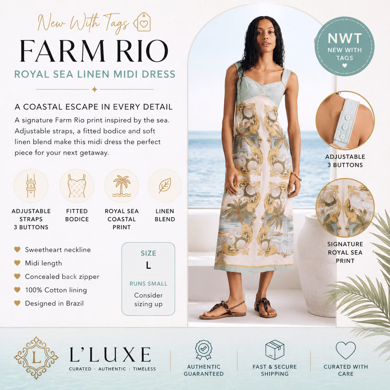 Farm Rio Royal Sea Linen Midi Dress – NWT - Authentic