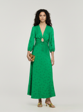 Zimmermann-Inspired Green V-Neck Midi Dress – Vintage Style Three-Quarter Sleeve A-Line Dress