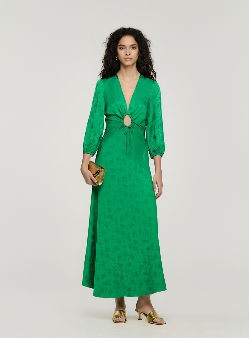 Zimmermann-Inspired Green V-Neck Midi Dress – Vintage Style Three-Quarter Sleeve A-Line Dress