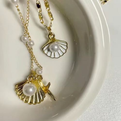 Boho Gold Shell & Starfish Pearl Layered Necklace  | 2-Piece Marine Pendant Necklaces