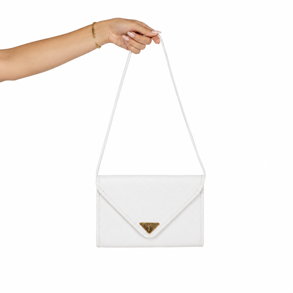 Vintage Yves Saint Laurent YSL Logo Plate White Leather Envelope Crossbody Bag – Authentic Previously Owned