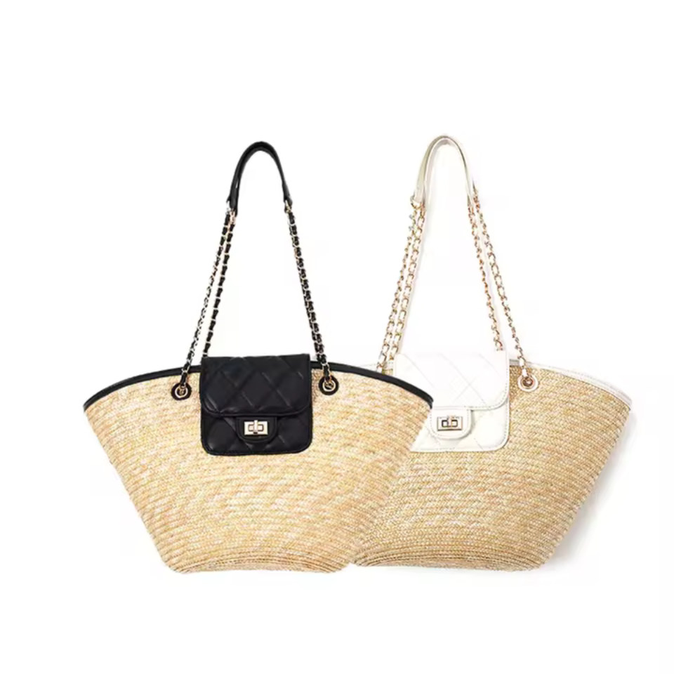 Woven Straw Shoulder Bag Black - white Trim Small Summer Tote