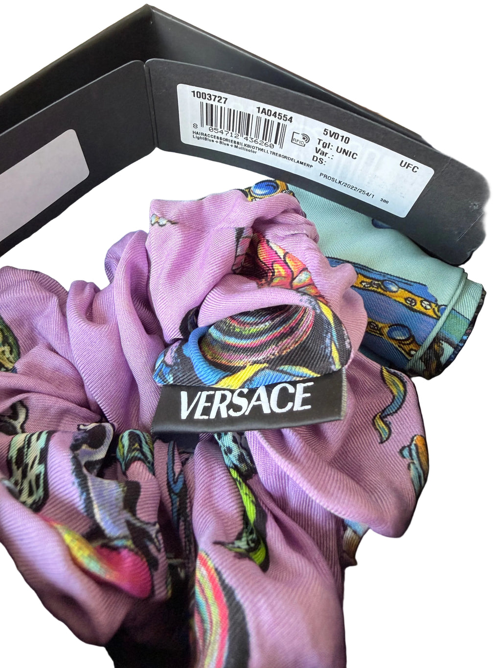 VERSACE – Trésor de la Mer Silk Scrunchie with Long Ribbon – Light Blue, Purple & Multicolor – 100% Silk – Made in Italy – 100% Authentic | Previously Owned