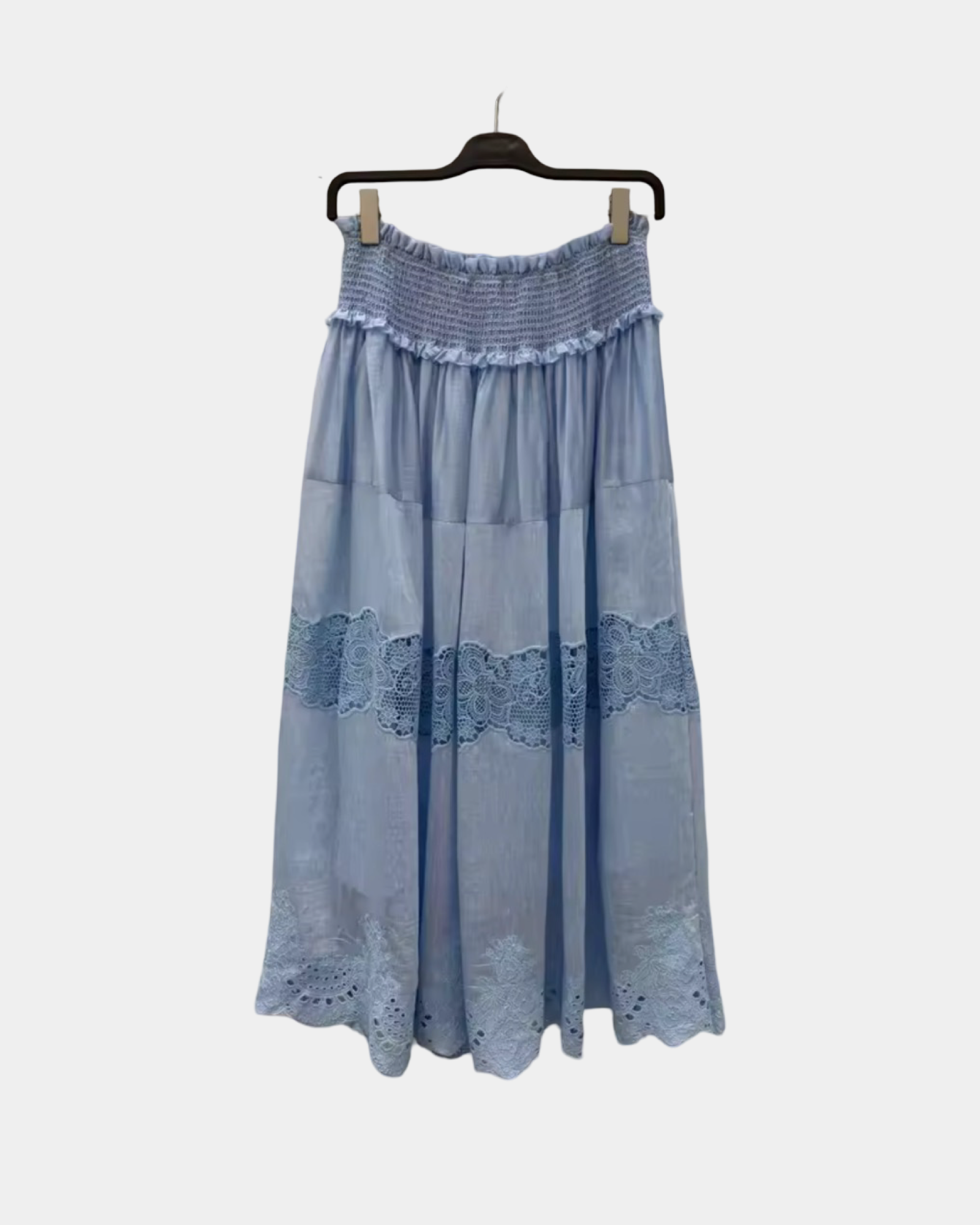 Blue & White Silk Linen Embroidered Lace Shirt or Pleated Skirt Set