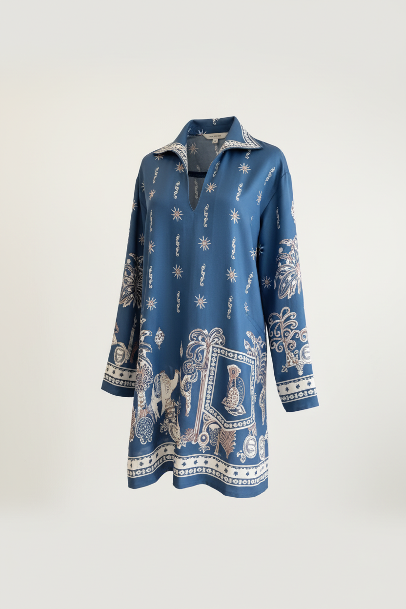 Blue Print Polo Collar Mini Tunic  Dress | Luxury Resort Linen Look Tunic | Summer