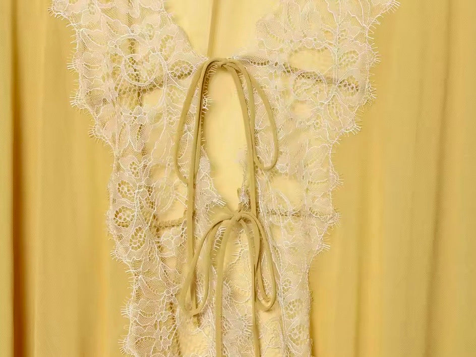 Lace Patchwork Lantern Sleeve Tie-Front Blouse | Sheer Loose Fit Statement Top
