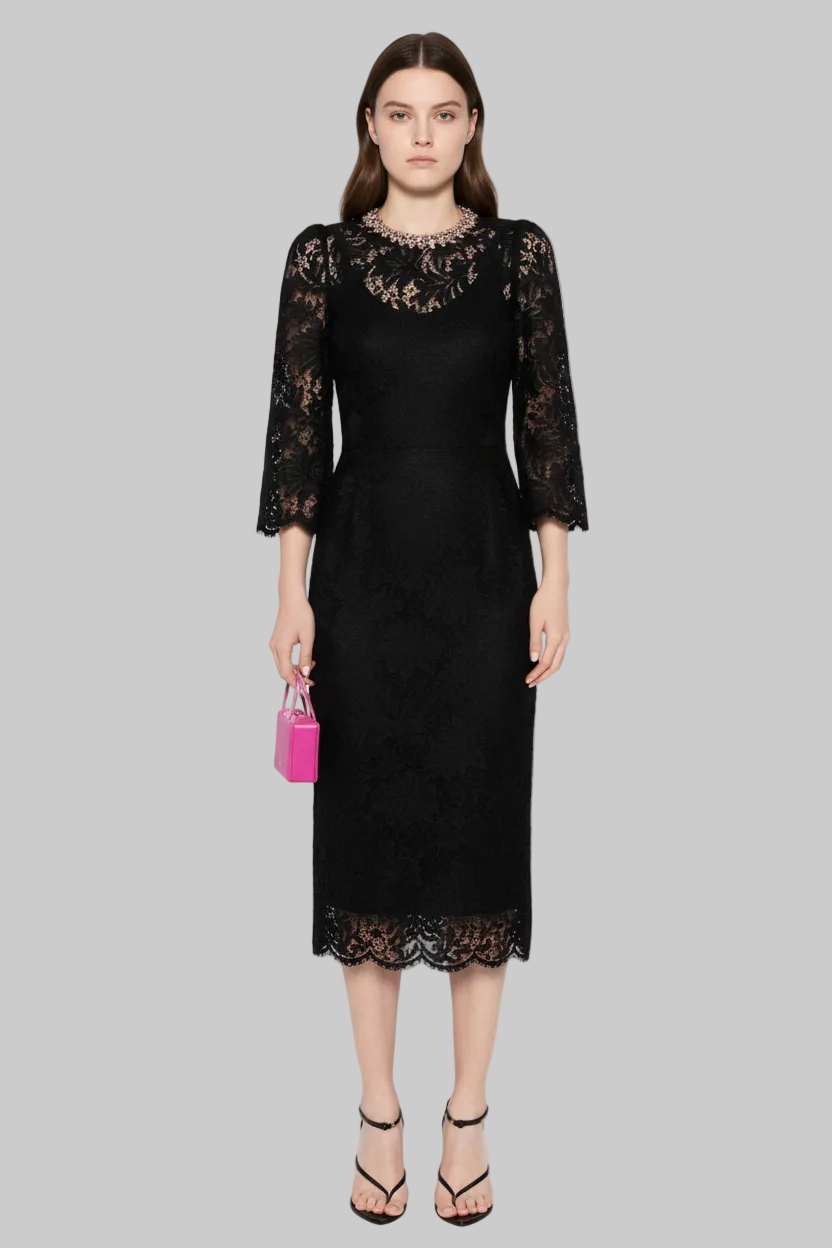 Crystal Embellished Neckline Lace Midi Dress