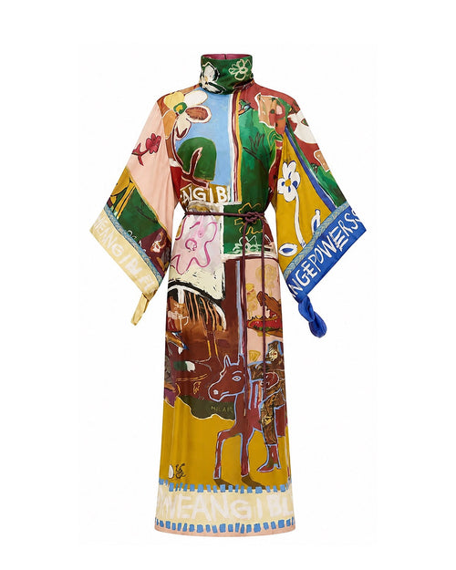 Artistic Print High-Neck Maxi Kaftan Dress
