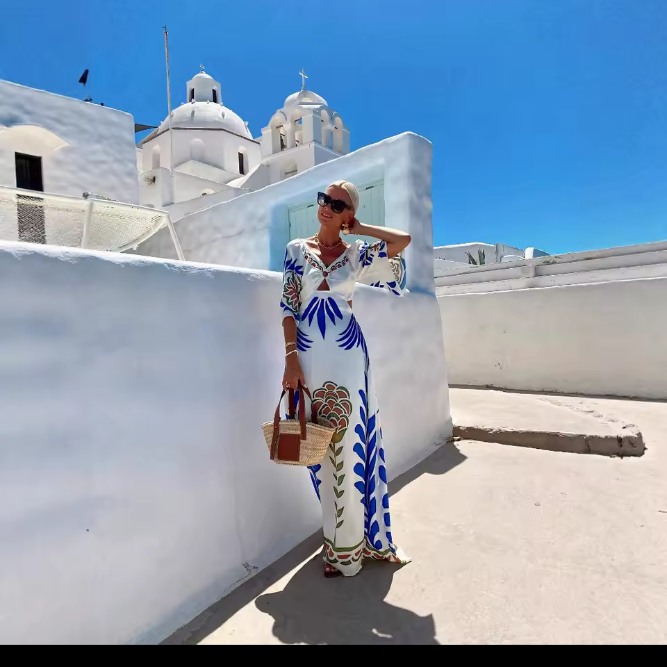 Bohemian White Maxi Dress - V-Neck Lace-Up Backless A-Line Vacation Dress with Half Sleeves