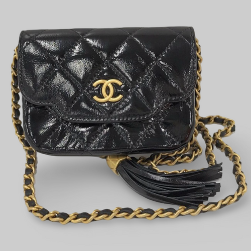 Chanel Chain Clutch Bag Coco Mark Lammleder Schwarz – Exzellenter Zustand Authentisch, gebraucht