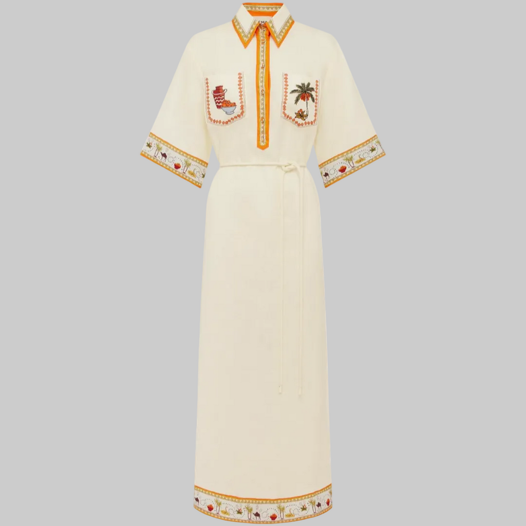 Palm Embroidered Linen Midi Dress