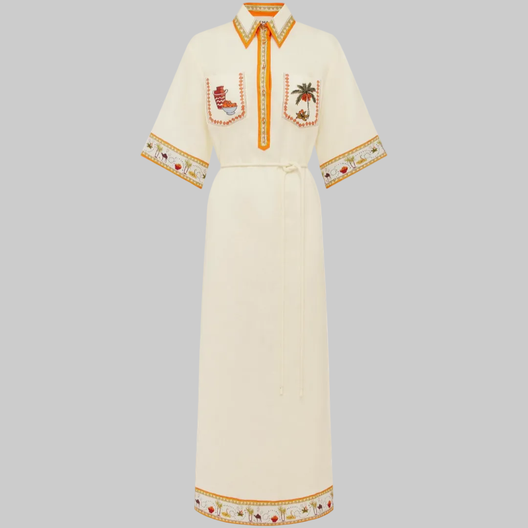 Palm Embroidered Linen Midi Dress