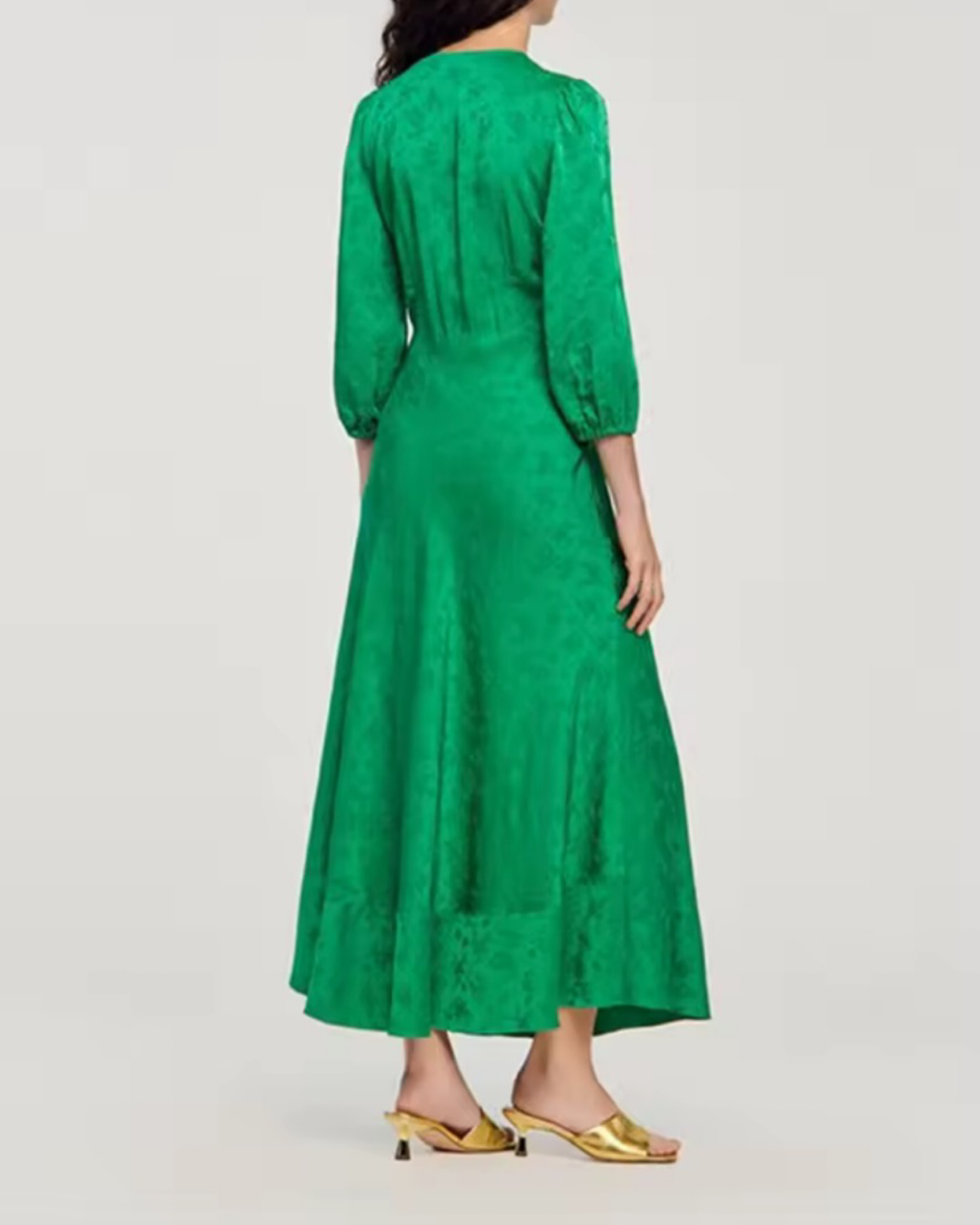 Zimmermann-Inspired Green V-Neck Midi Dress – Vintage Style Three-Quarter Sleeve A-Line Dress