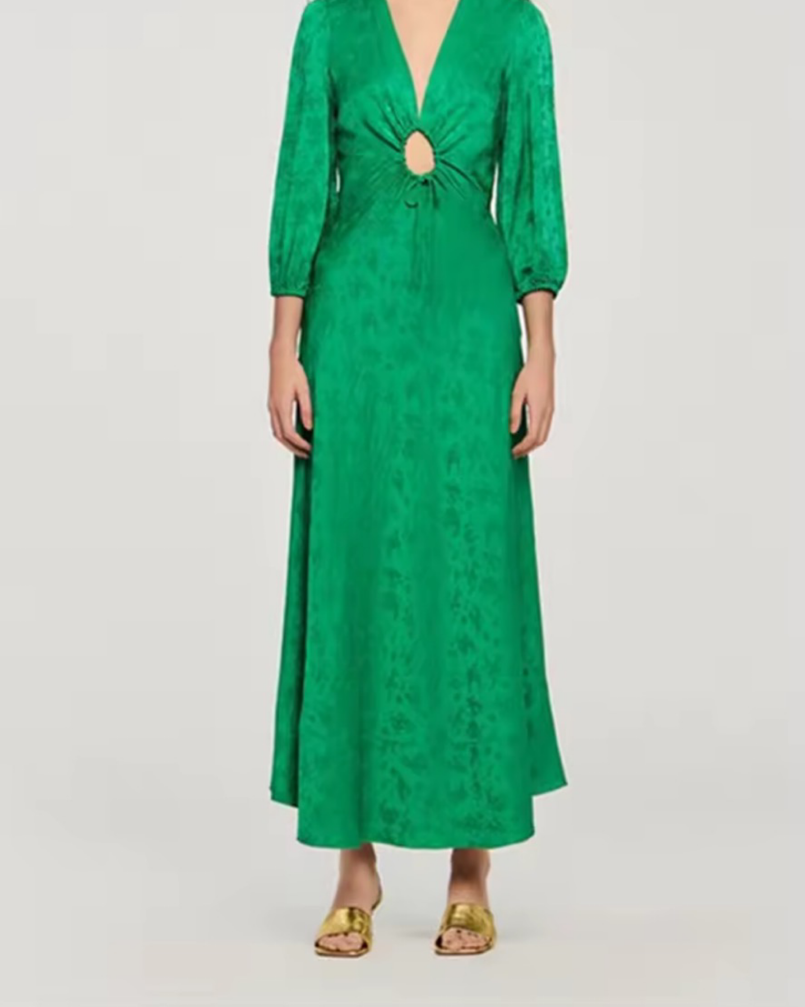Zimmermann-Inspired Green V-Neck Midi Dress – Vintage Style Three-Quarter Sleeve A-Line Dress