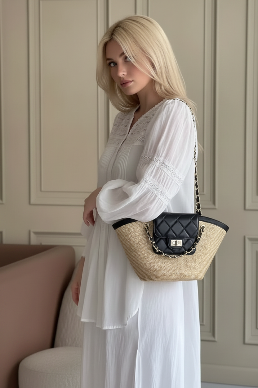 Woven Straw Shoulder Bag Black - white Trim Small Summer Tote