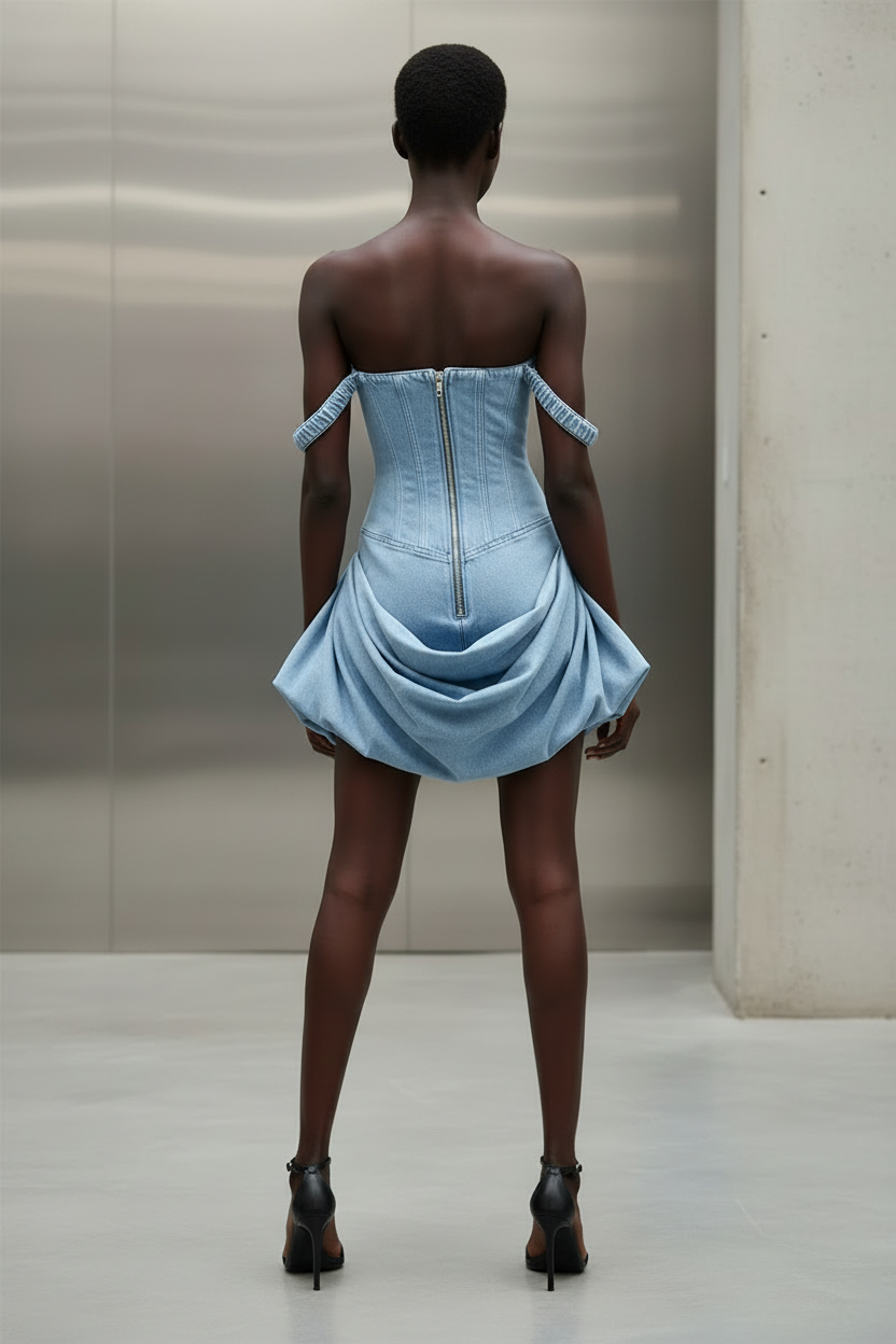 Denim Corset Bubble Hem Mini Dress – Off-Shoulder