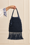 JW Anderson Fringe Popcorn Crochet Shopper Tote Bag – Navy -Authentic- Previously Owned